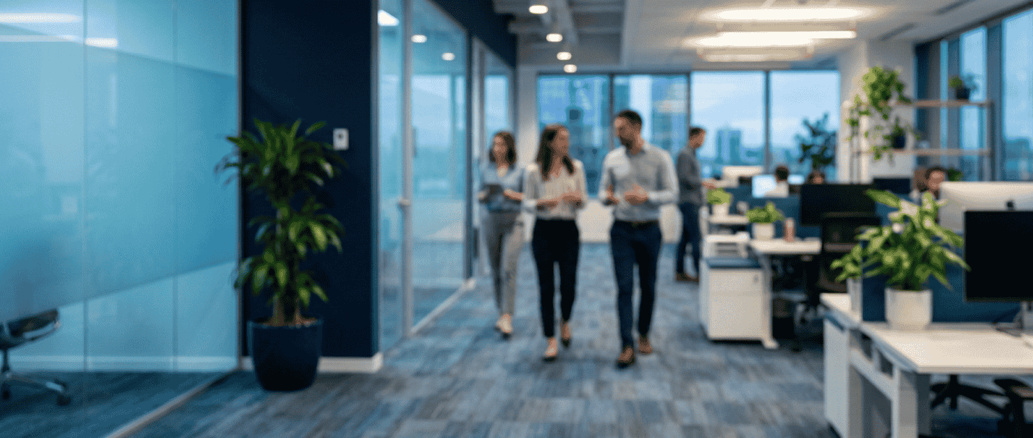 Blurred image of people walking through a modern office with large windows and blue walls.
