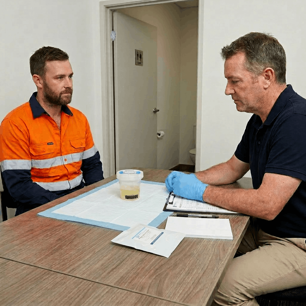 Drug test donor in a medical setting with a drug test collector at a desk with a urine sample
