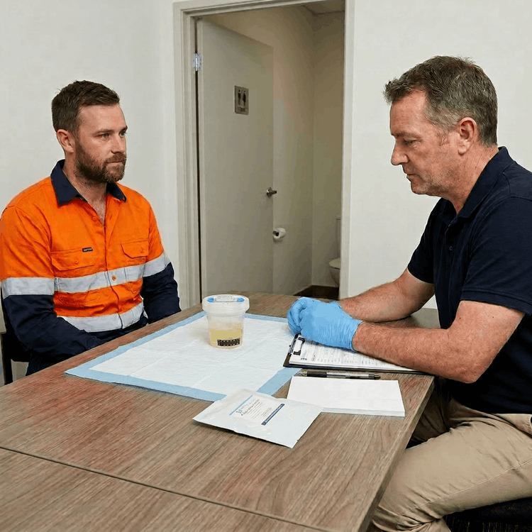 Drug test donor in a medical setting with a drug test collector at a desk with a urine sample