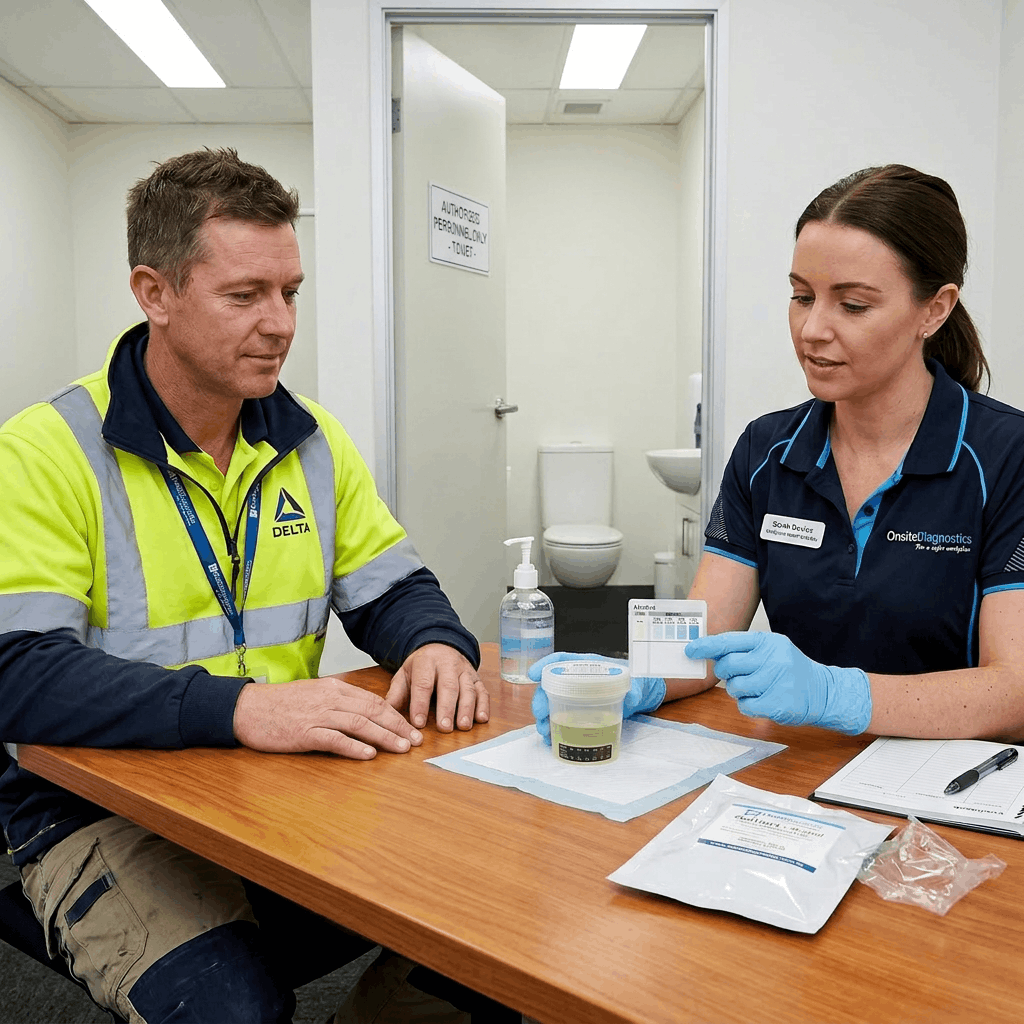 Drug test donor in a medical setting with a drug test collector at a desk with a urine sample