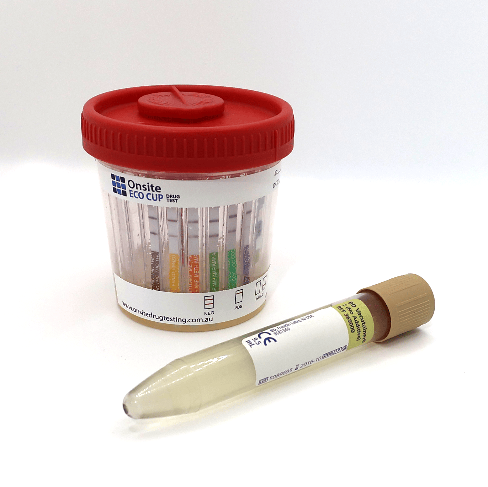 Onsite Eco Cup urine drug testing kit with a vial on a white background