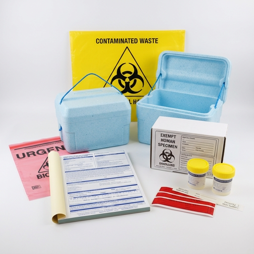 Drug test sample collection kit with containers, labels, and a biohazard bag on a white background