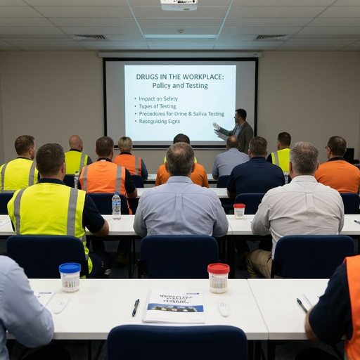 Construction workers in a classroom learning about drug testing in the workplace