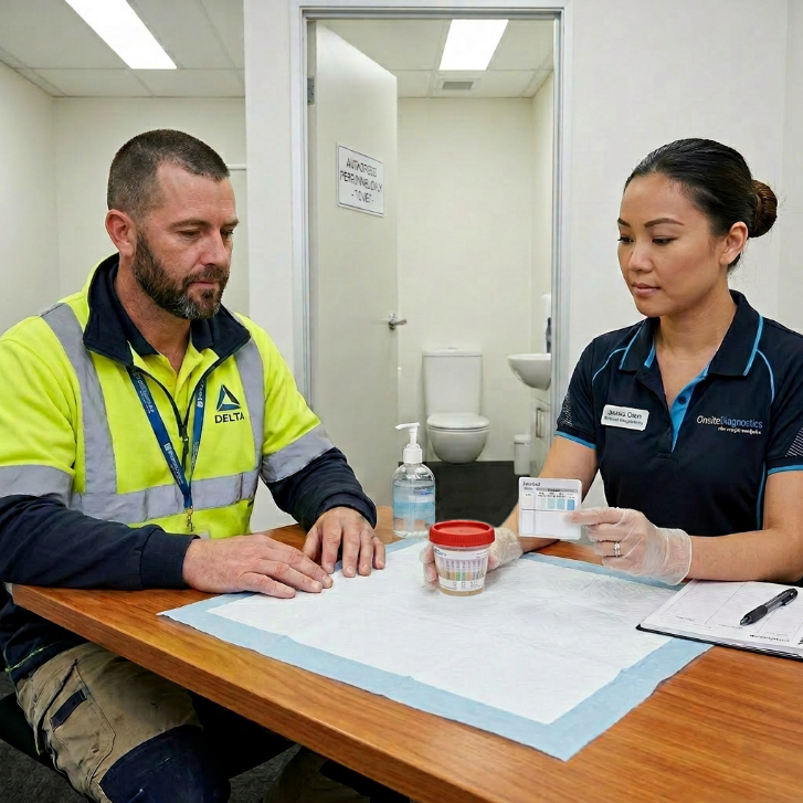 Drug test donor in a medical setting with a drug test collector at a desk with a urine sample