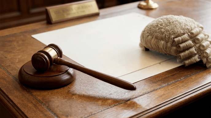 Wooden gavel and wig on a judge's bench in a courtroom setting