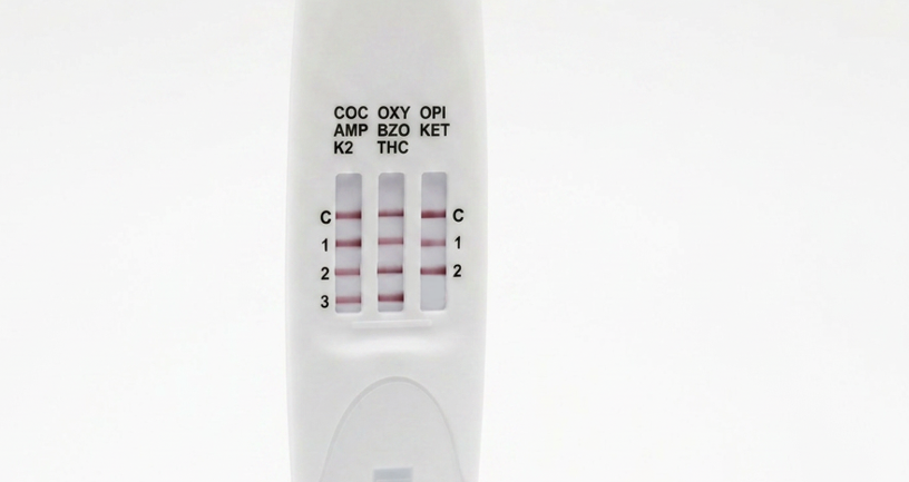 Drug test strip with results on a white background