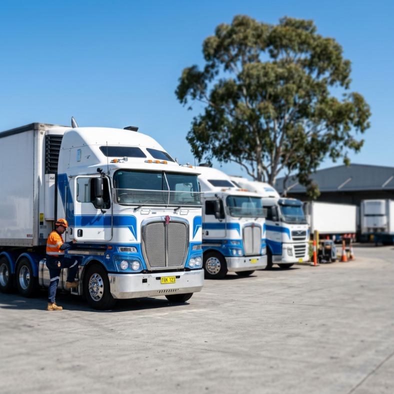 Row of trucks with a person in a high-visibility vest on a clear day.