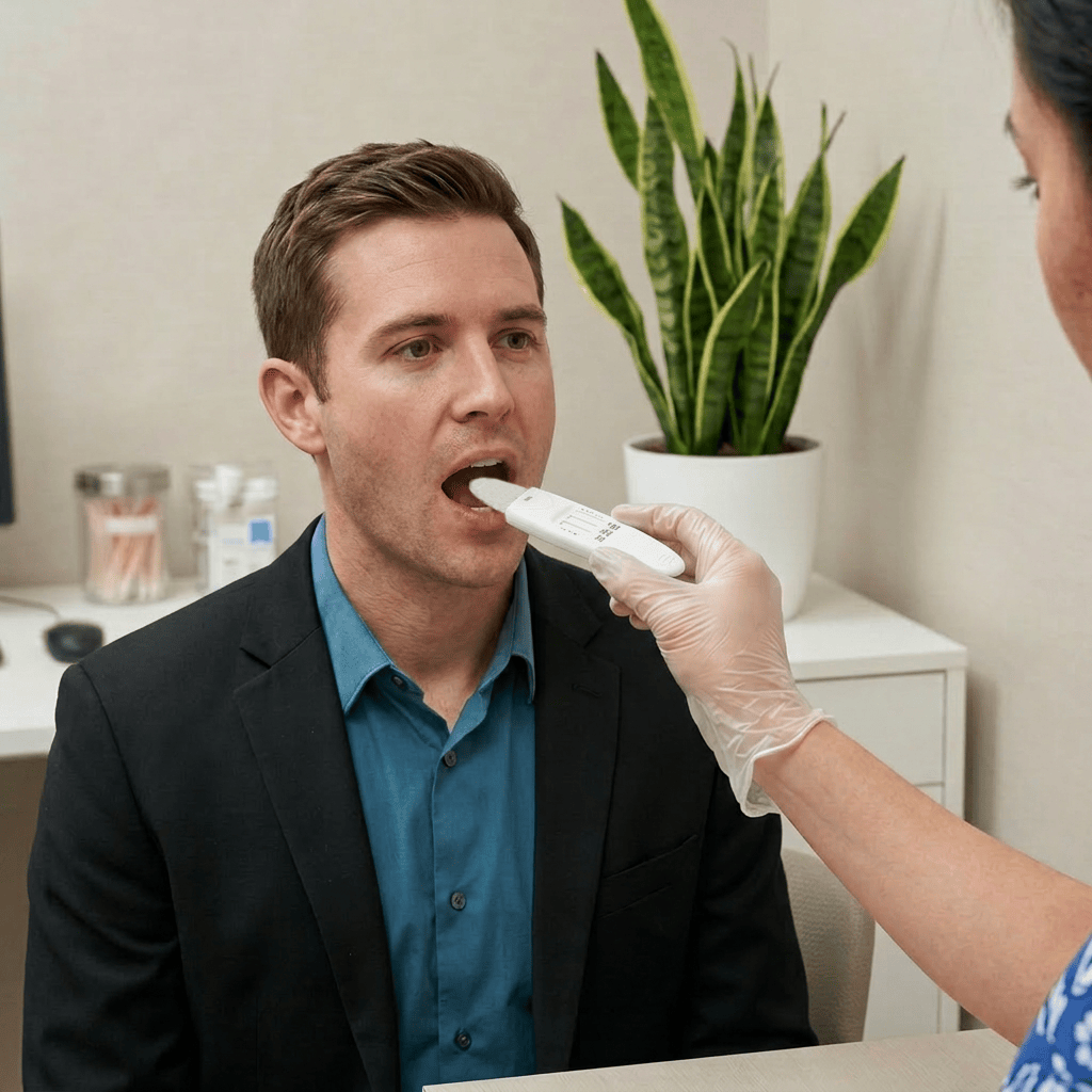 Man taking a saliva drug test from another person in a clinical setting.