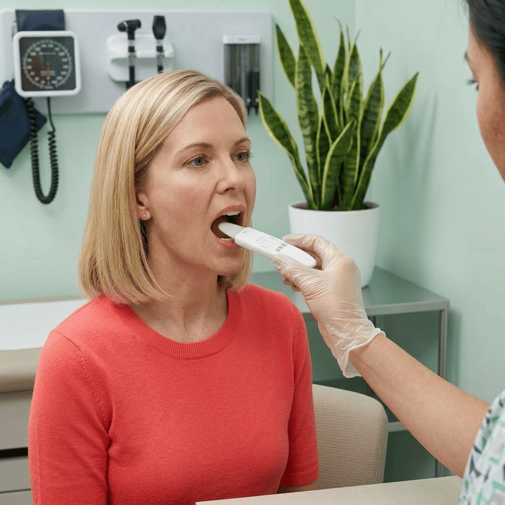 Woman taking a saliva drug test in a medical setting