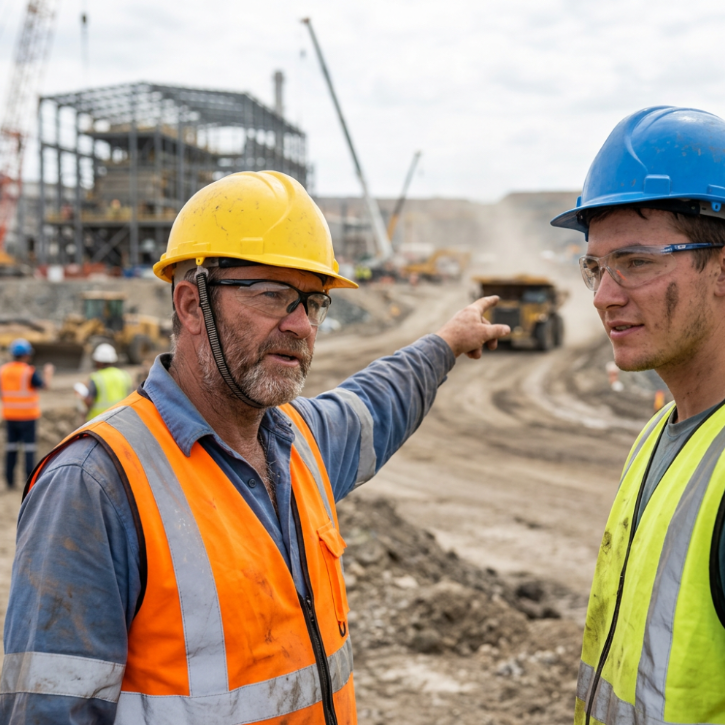Two construction workers in high-visibility vests and hard hats discussing on a construction site.