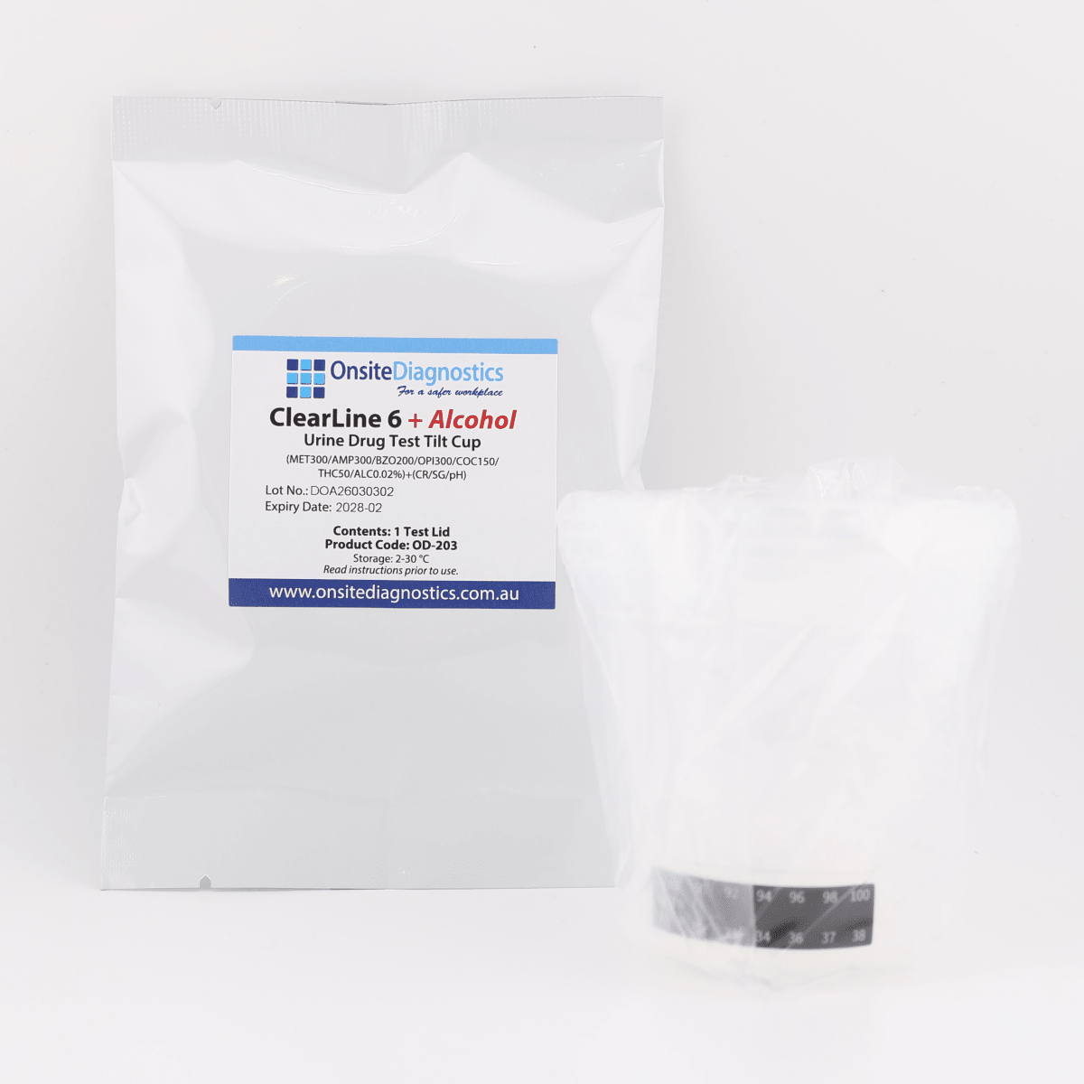 Onsite ClearLine 6 Advanced + Alcohol Urine Drug Test Tilt - Cup (OD - 203) - Onsite Diagnostics - Australian Drug Tests and Training - Urine Drug Test - Onsite Diagnostics