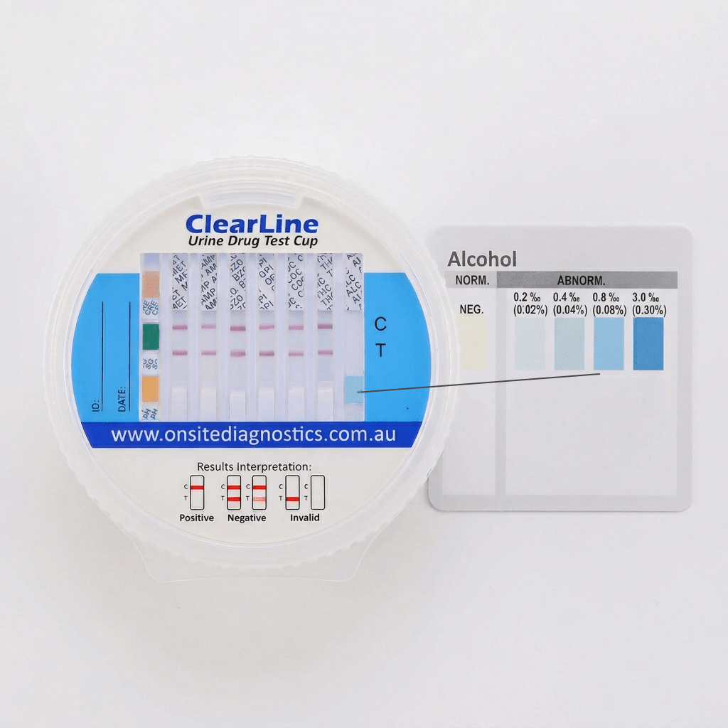 Onsite ClearLine 6 Advanced + Alcohol Urine Drug Test Tilt - Cup (OD - 203) - Onsite Diagnostics - Australian Drug Tests and Training - Urine Drug Test - Onsite Diagnostics