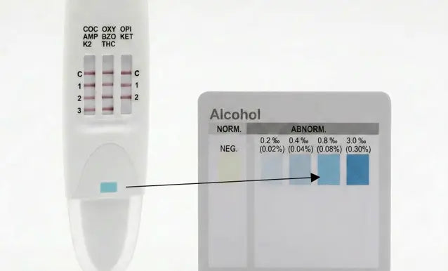 Onsite Saliva Swipe 8 Advanced + Alcohol Oral Fluid Drug Test next to alcohol colour chart with arrow