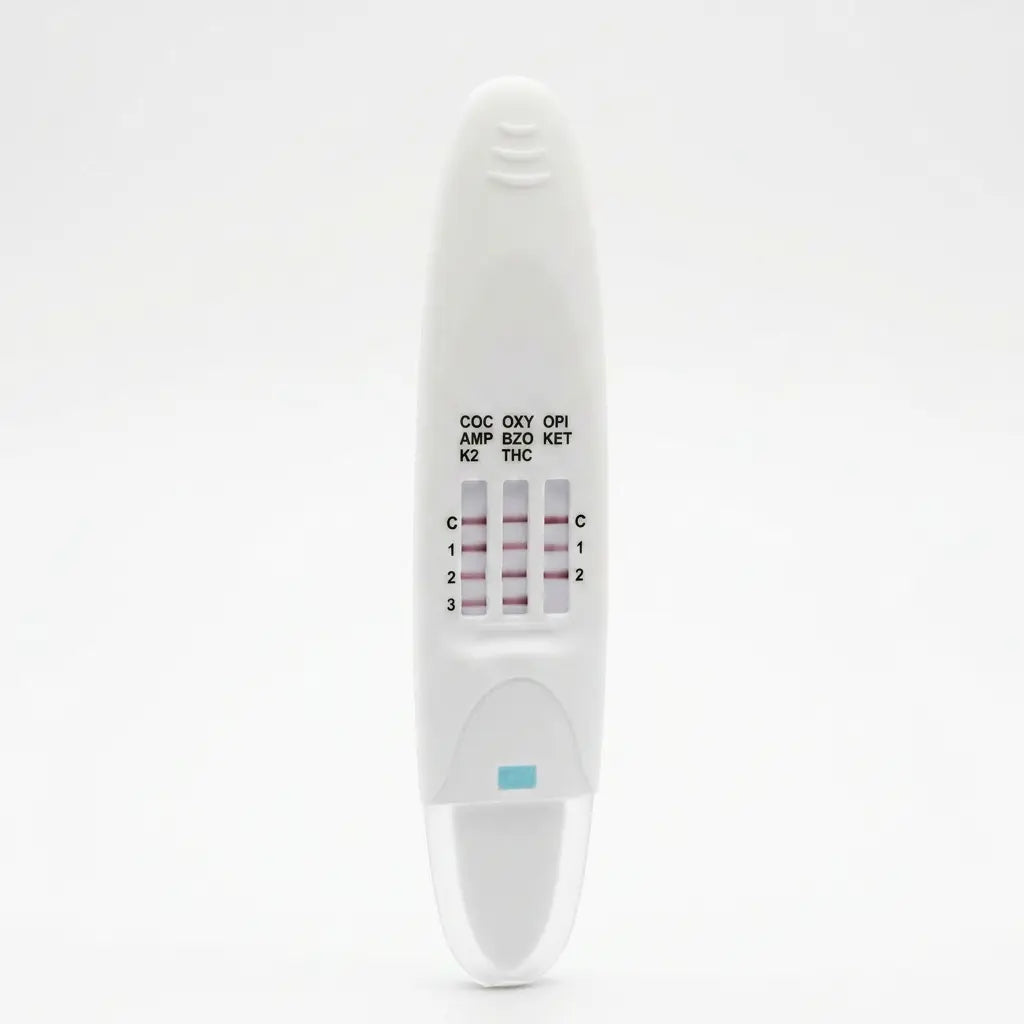 Onsite Saliva Swipe 8 Advanced + Alcohol Oral Fluid Drug Test showing drug test lines on plain background